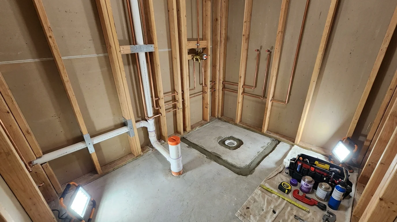 Bathroom rough-in plumbing during remodel by Johns Plumbing LLC in Kings Mills