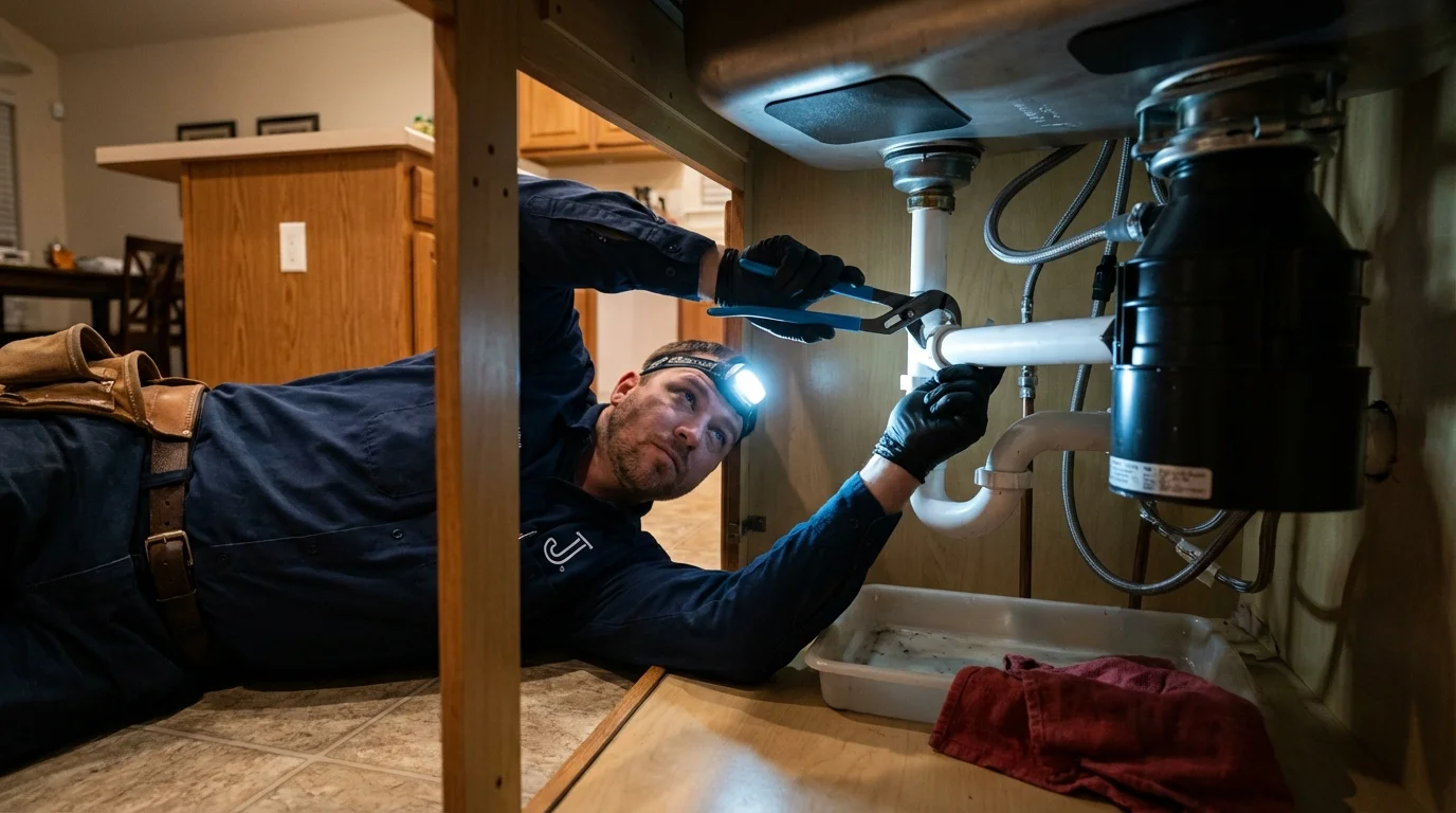 P-trap and supply line connections under a kitchen sink showing a common leak point in Kings Mills, OH